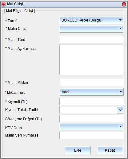 Hacizli taşınır mal giriş ekranı