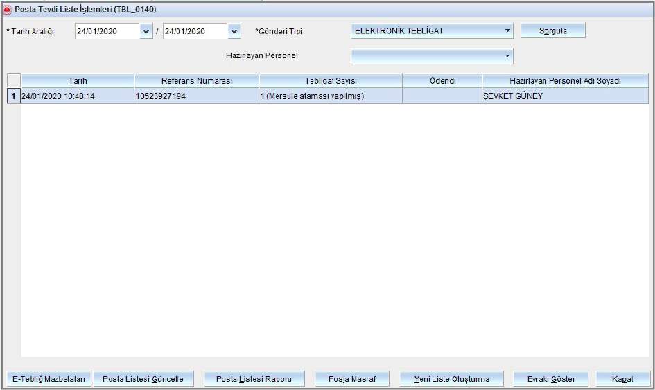 Hazırlanmış elektronik tebligatların takip ekranı